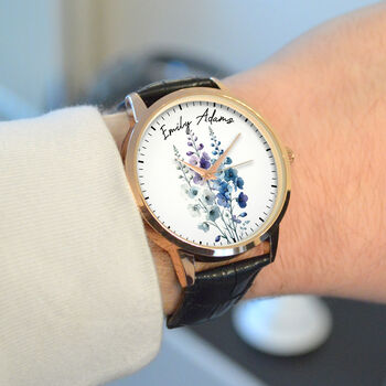 Personalised Wrist Watch With Floral Larkspur Design, 3 of 3