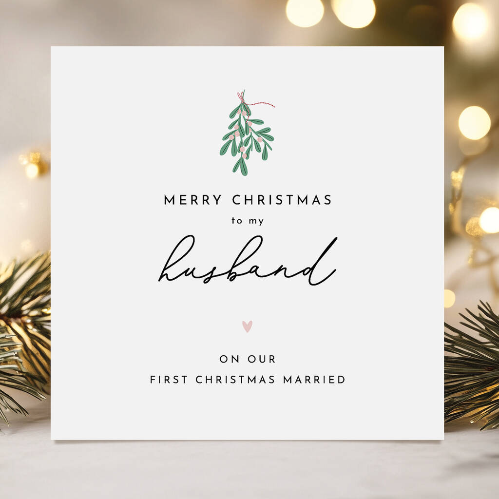 Husband First Married Christmas Card: Mistletoe And Pink Heart Design, 1 of 6