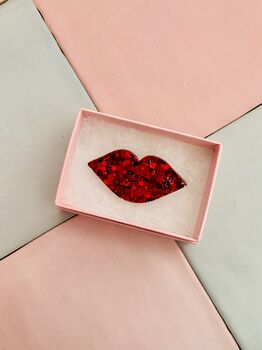The 'Sparkle Kiss' Red Lips Glitter Brooch / Valentines Or Galentines Gift / Retro Brooch / Pop Art Jewellery, 5 of 5