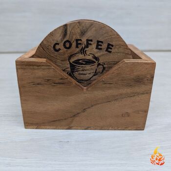 Light Wooden Coaster Set With Coffee Break Design, 4 of 6