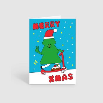 Cute Christmas Tree Scooter Pudding Merry Xmas Card, 3 of 3