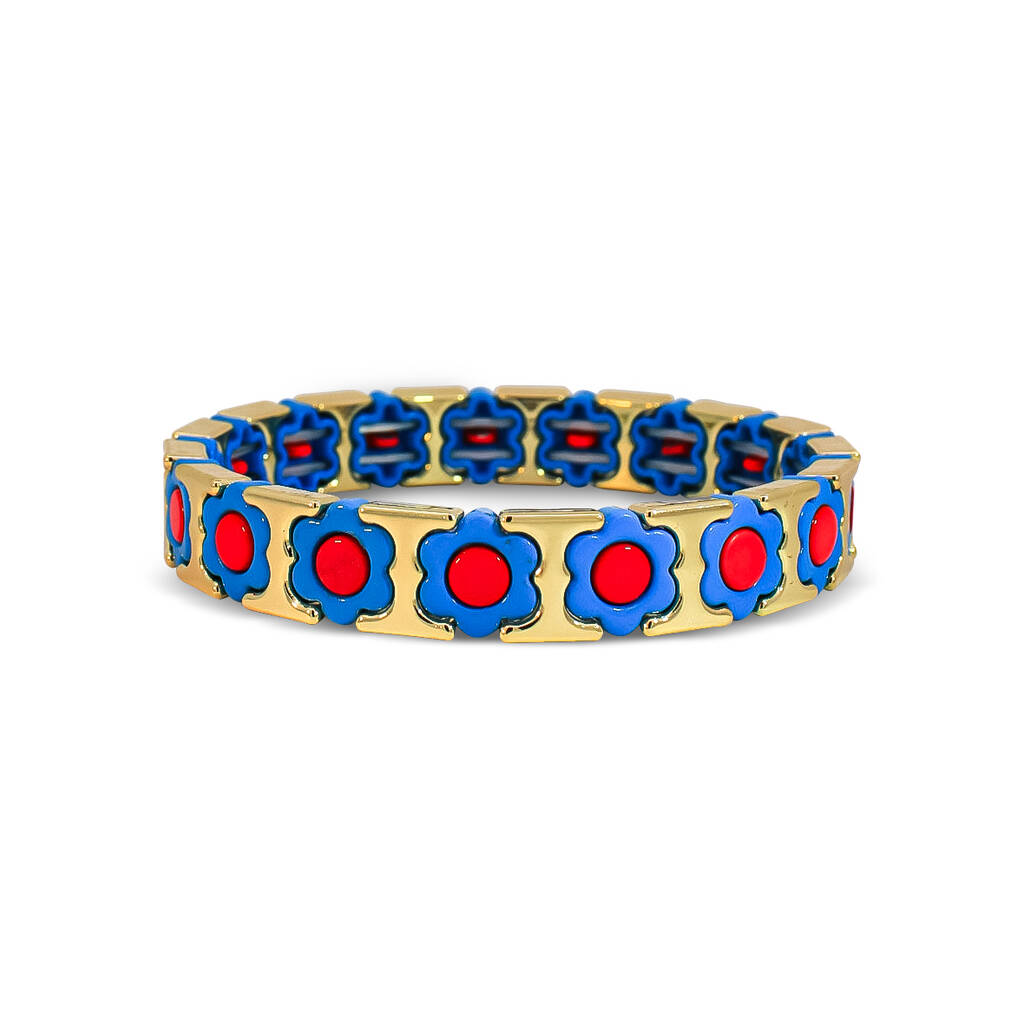 Blue And Red Flower And Gold Tone Metal Beaded Bracelet