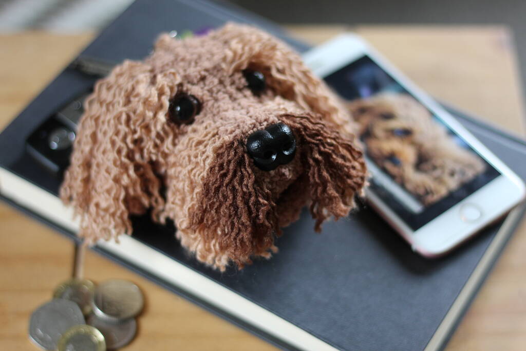 personalised crocheted dog head bag charm keyring by lovingly handmade crochet