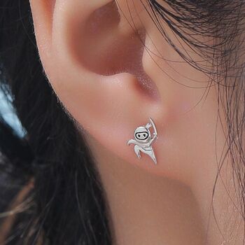 Sterling Silver Mismatched Ninja And Ninja Shuriken Star Stud Earrings, 2 of 12