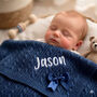 Personalise Steel Blue Knitted Blanket With Bow, thumbnail 2 of 12