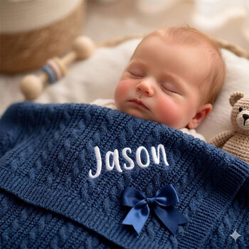 Personalise Steel Blue Knitted Blanket With Bow, 2 of 12