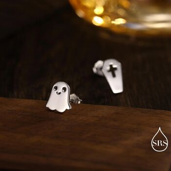 Mismatched Ghost And Coffin Stud Earrings In Sterling Silver, 6 of 12