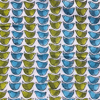 Box Of Two Block Printed Bandanas Blue And Green Birds, 3 of 5
