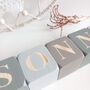 Wooden Nursery Letter Blocks, Personalised Baby Boy Gift Sage, Grey, Taupe, thumbnail 2 of 8