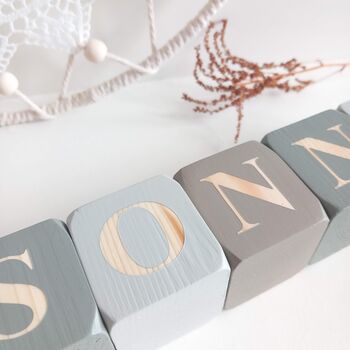 Wooden Nursery Letter Blocks, Personalised Baby Boy Gift Sage, Grey, Taupe, 2 of 8