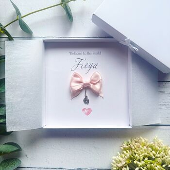 Handmade New Baby Card. Satin Bow With Charm. Boy Or Girl, 3 of 10