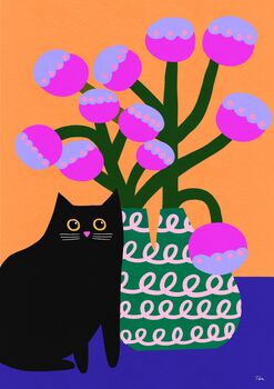 Black Cat And Fun Flowers Print, 2 of 2
