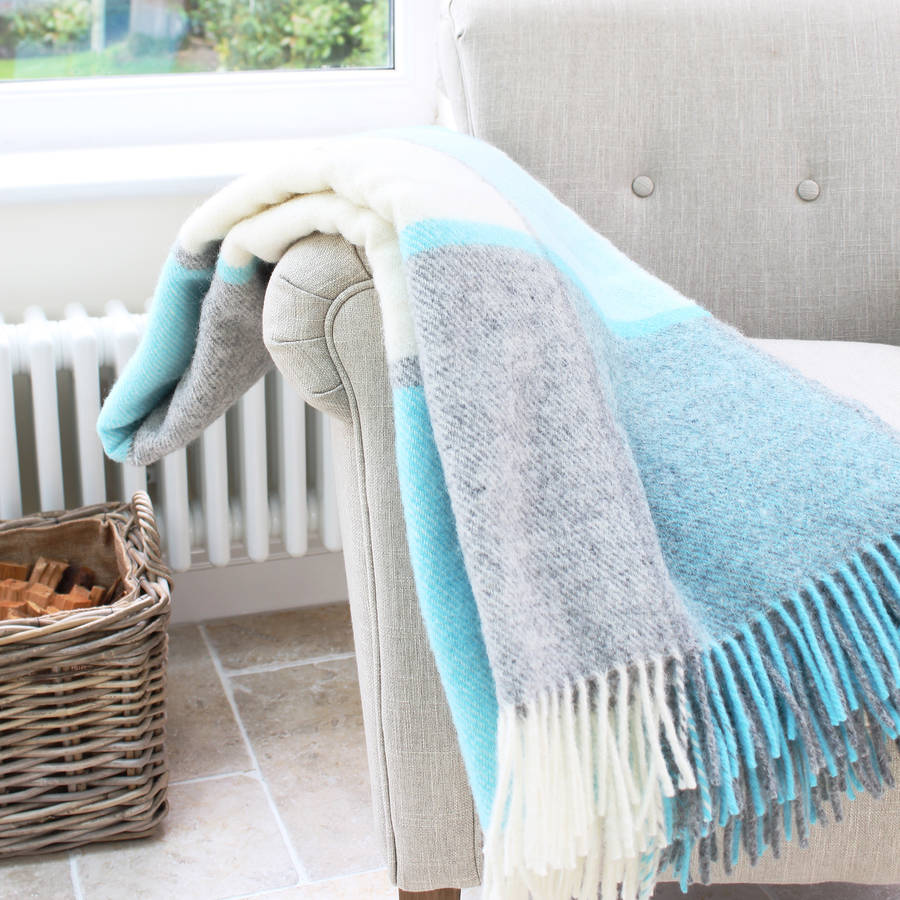 penbryn blue and grey check wool throw by marquis & dawe