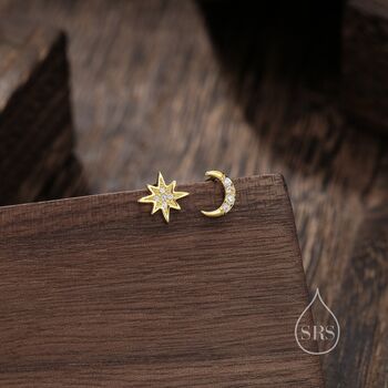 Sterling Silver Asymmetric Moon And Starburst Stud Earrings, 7 of 12