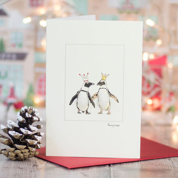 Fluffy Penguins In Crowns Christmas Card, 2 of 2