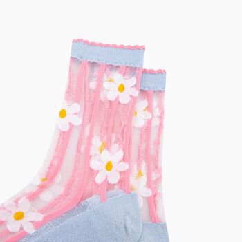 Daisy Stripes Combed Cotton Sheer Pop Socks In Blue/Pink, 2 of 4