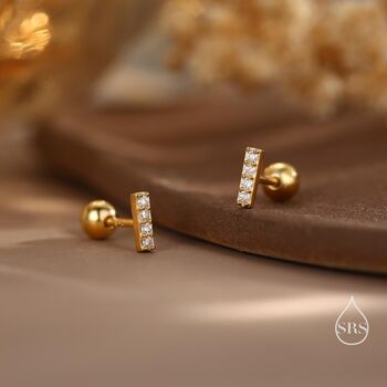 Sterling Silver Extra Tiny Cz Bar Screw Back Earrings, 6 of 11