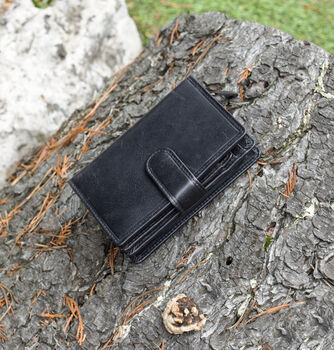 Women's Luxury Black Leather Tab Trifold Purse Rfid Protected Personsalised, 3 of 7