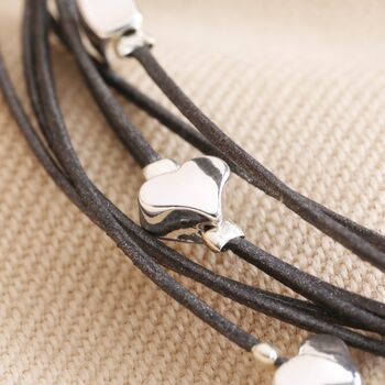 Grey Leather Layered Heart Bracelet In Silver Plating, 2 of 6