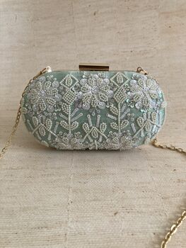Mint Green Raw Silk Oval Pearl Clutch Bag, 3 of 8