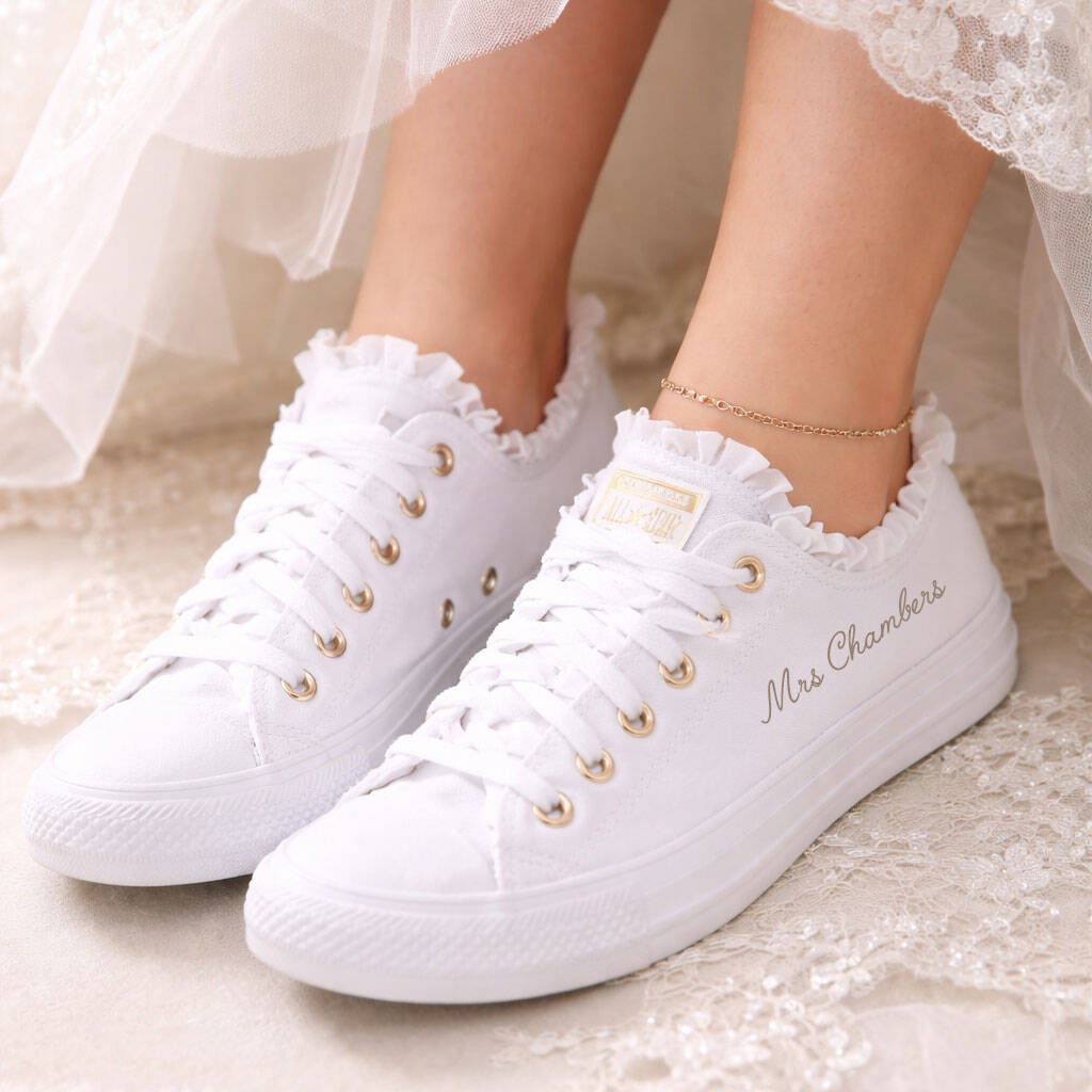 Personalised Bridal Converse Trainers – Custom Name Wedding Sneakers With Lace Trim, 1 of 2