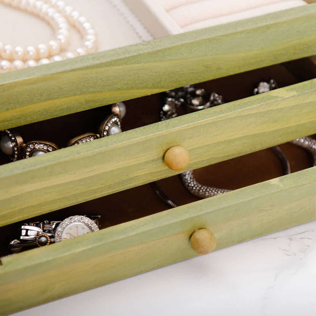 Personalised Green Wood Jewellery Box With Drawers By Dibor