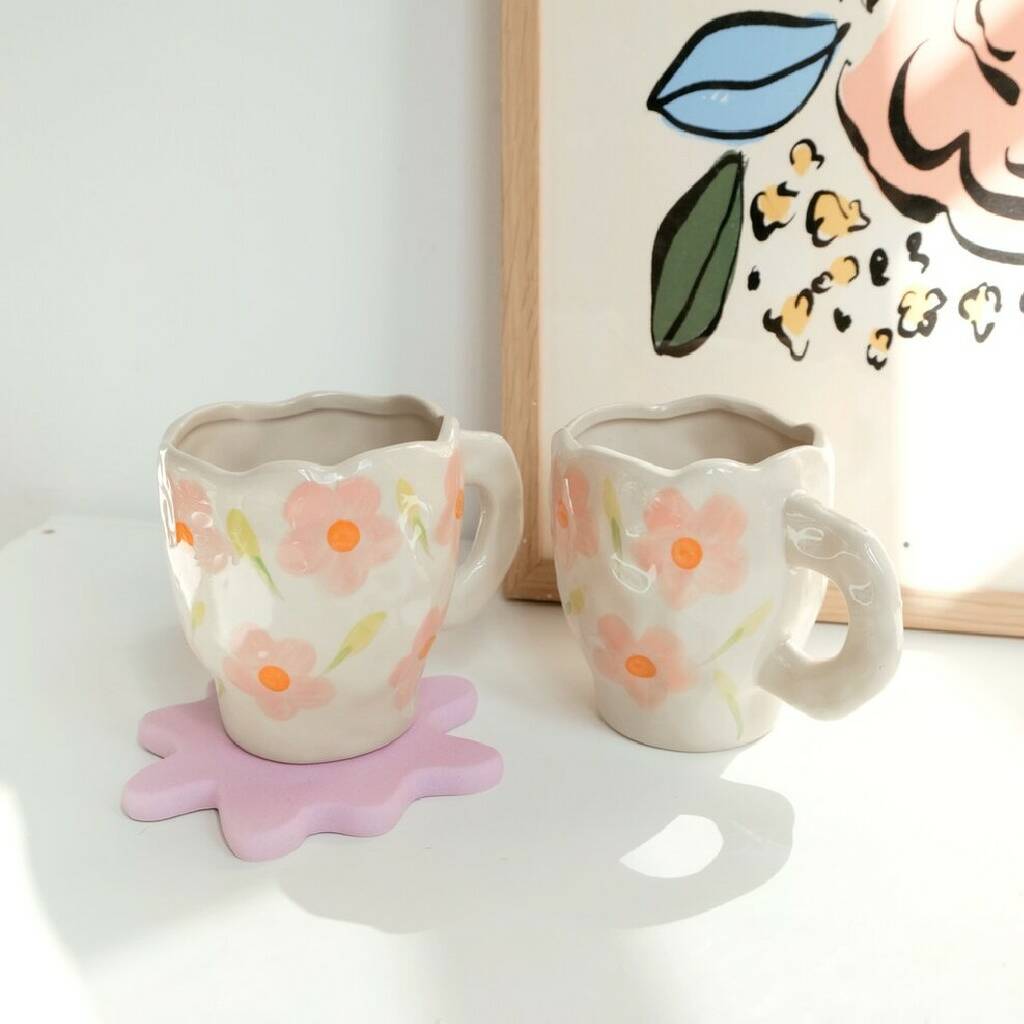 Penni White Flower Floral Clay Ceramic Coffee Cup
