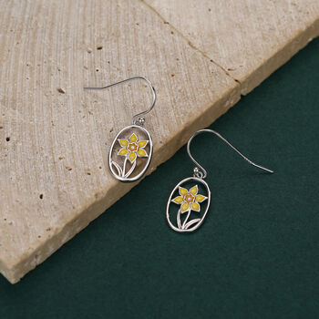 Sterling Silver Enamel Daffodil Oval Drop Earrings, 3 of 11