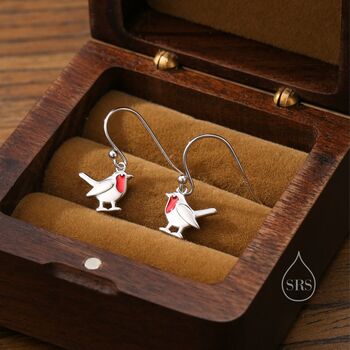 Sterling Silver Robin Bird Drop Hook Earrings, 2 of 10