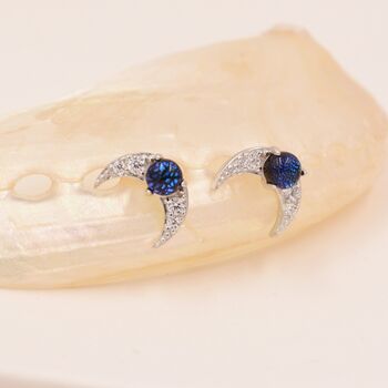 Crescent Moon And Blue Crystals Stud Earrings, 6 of 11