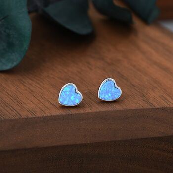 Blue Opal Heart Stud Earrings In Sterling Silver, 7 of 7