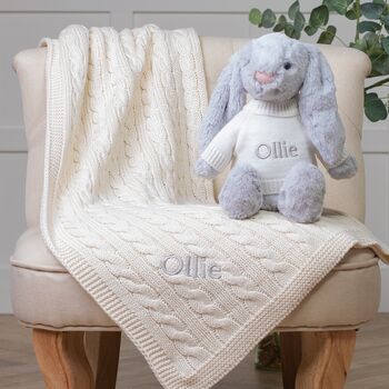 Personalised Blanket And Bashful Bunny In Grey/Cream, 2 of 7