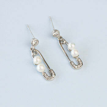 Sterling Silver Pearl Safety Pin Dangle Stud Earrings, 3 of 4
