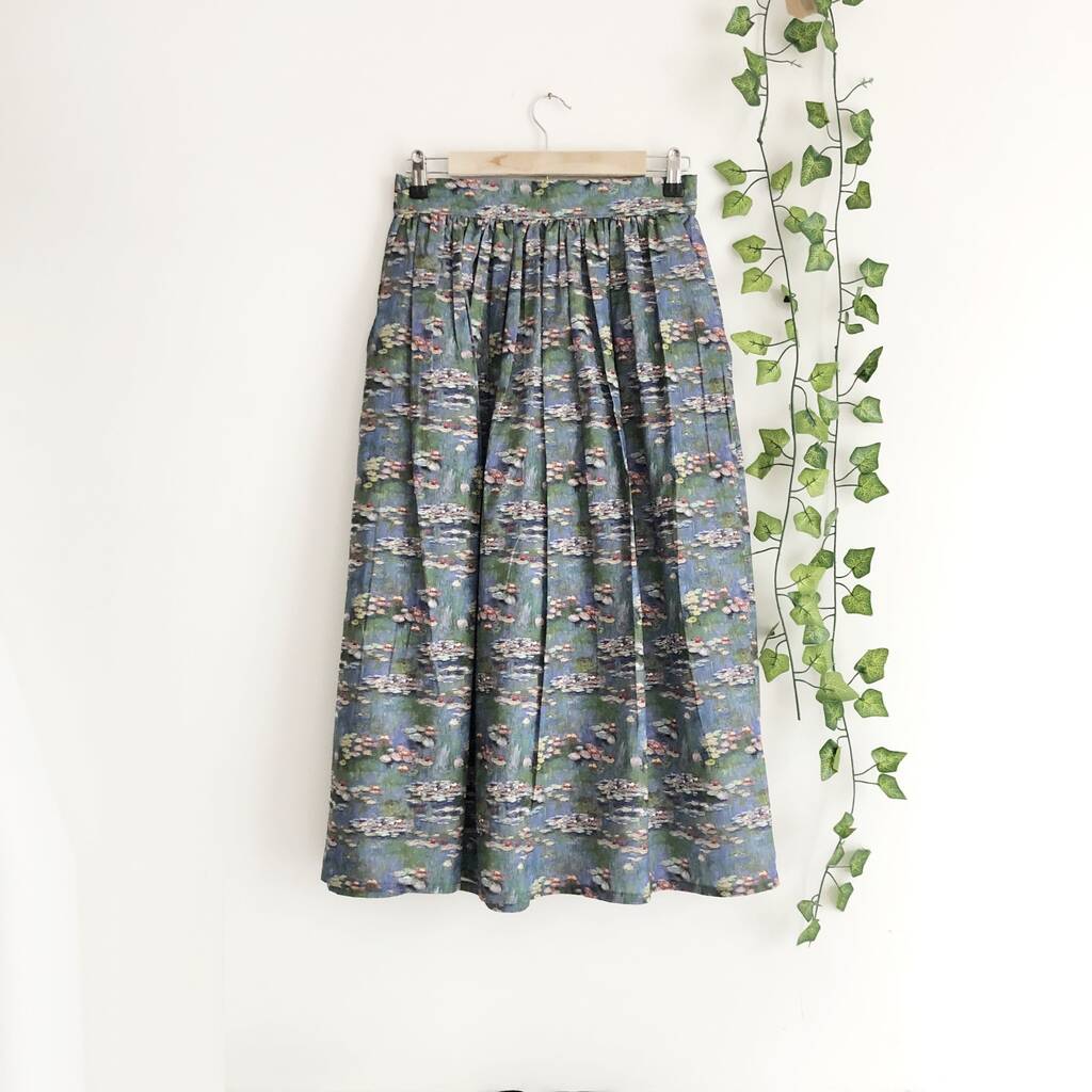 Water Lilies Printed Midi Skirt, Art Print Skirt By Mustard Monday