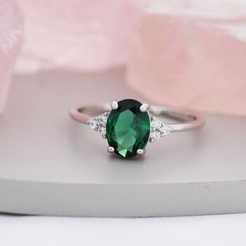 Emerald Green Cz Oval Ring In Sterling Silver, 2 of 12