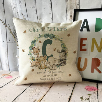 Children Personalised Jungle Animals Birth Details Printed Cushion, 2 of 2