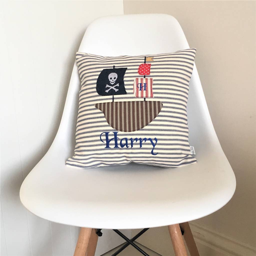 personalised pirate ship appliqued cushion by elm tree studio