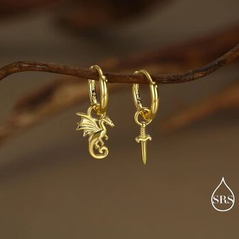 Mismatched Tiny Dragon And Sword Huggie Hoops In Sterling Silver, 2 of 12