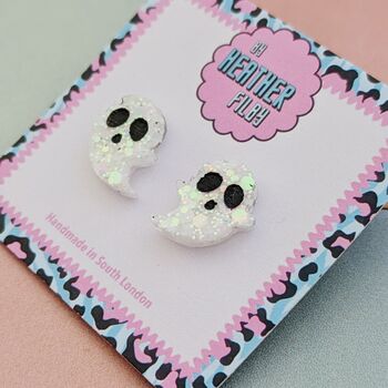 White Ghost Glitter Halloween Studs, 4 of 4