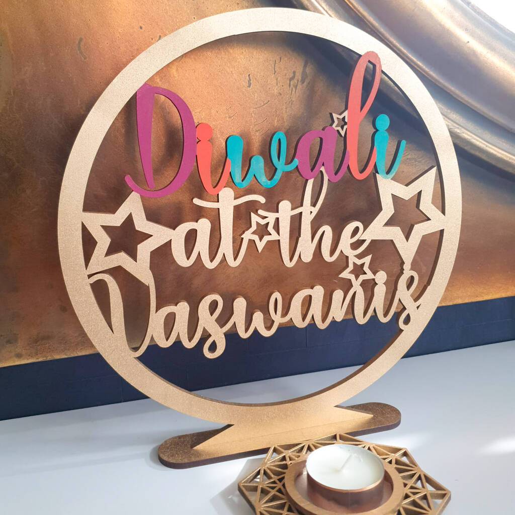 Personalised 'Diwali At The' Family Tealight Sign, 1 of 3
