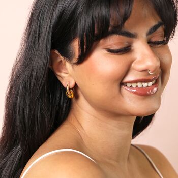 Tiger's Eye Loop Charm Huggie Hoop Earrings In Gold, 3 of 3