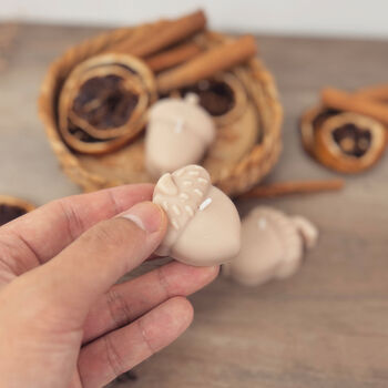 Set Of Three Beige Acorn Shaped Autumn Candles, 9 of 10