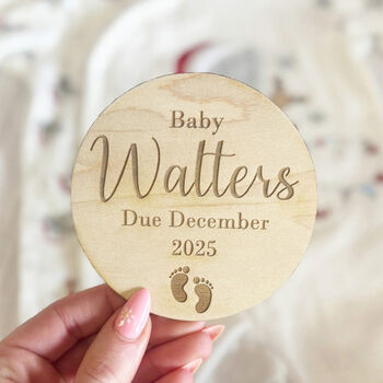 Personalised Wooden Baby Due Announcement Disc, 2 of 7