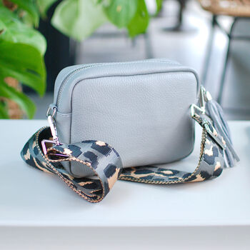 Grey Leather Crossbody Bag With Patterned Strap, 6 of 8