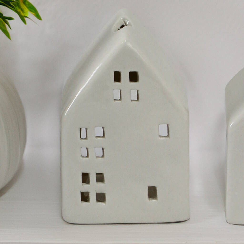 White Ceramic Tea Light Houses – Two Sizes, 1 of 4