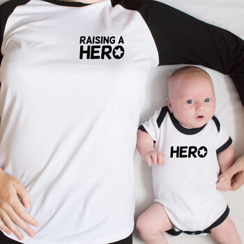 Parent And Child 'Raising Heroes Or A Hero' T Shirt Set, 2 of 2