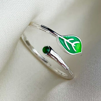 Sterling Silver Green Leaf Adjustable Ring, 3 of 5