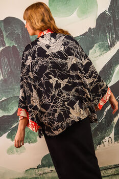 Japanese Crane Print Black And Ivory Short Kimono, 4 of 7