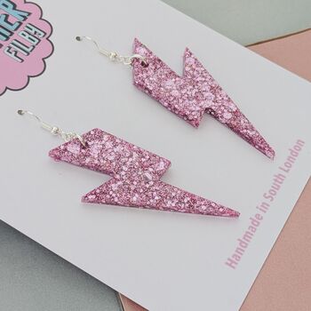Pink Glitter Lightning Bolt Earrings Small And Large, 2 of 11