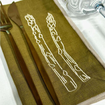 Set Of Two Asparagus Linen Embroidered Napkins, 2 of 2